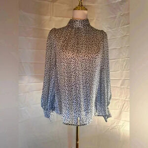 H&M Gray and White Mock Neck Puff Sleeve Blouse